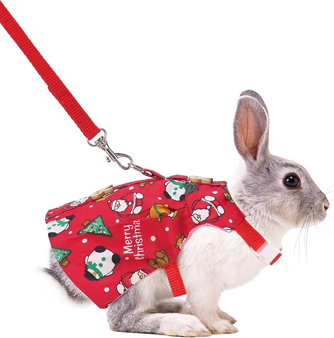 Adjustable Christmas Rabbit Harness and Leash Set, Small Animal Christmas Costume Bunny Clothes Santa Snowman Pattern Outfit for Ferret Guinea Pig Rabbit Bunny Hamster(Red/M)