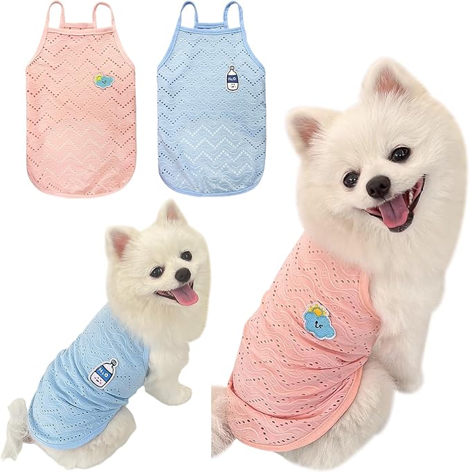 Yanmucy 2 Pieces Dog Summer Clothes Cute Embroidery Dog Striped Tank Top Vest Breathable Puppy Sleeveless Shirt for Small Dogs Cats (Pink+Blue, X-Small)