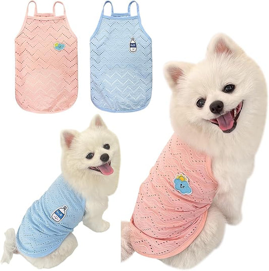 Yanmucy 2 Pieces Dog Summer Clothes Cute Embroidery Dog Striped Tank Top Vest Breathable Puppy Sleeveless Shirt for Small Dogs Cats (Pink+Blue, Small)