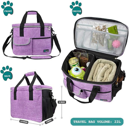 PetAmi Dog Travel Bag, Travel Pet Bag Organizer, Dog Food Travel Bag with Food Container and Bowls, Dog Travel Supplies Gift Accessories for Weekend Camping, Dog Cat Diaper Bag (Purple, Medium)