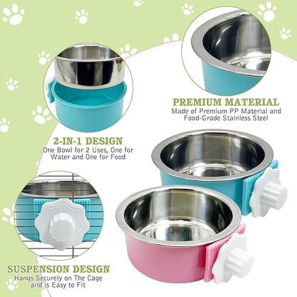 Tfwadmx 4 Pcs Crate Dog Bowl Cat Removable Stainless Steel Food and Water Feeder Hanging Cage Bowls Coop Cup with Cleaning Set for Pet Puppy Bird Rat Guinea Pig Ferret Bunny Rabbit (Light Blue, Pink)