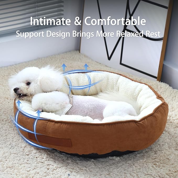 28"x28"x8" Round Dog and Cat Bed, Cozy Oval Dog Bed with Anti-Slip Bottom and Neck Support Pillow, Washable Kitten Bed for Indoor Small Medium Dogs Cats(Brown, Large)