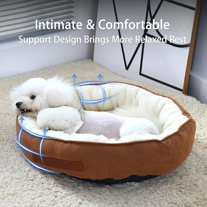 28"x28"x8" Round Dog and Cat Bed, Cozy Oval Dog Bed with Anti-Slip Bottom and Neck Support Pillow, Washable Kitten Bed for Indoor Small Medium Dogs Cats(Brown, Large)