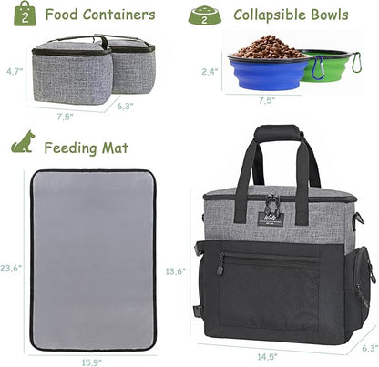 WOLT | Pet Travel Bag Kit for Dog Carrier & Travel, Includes 2 Food Containers + 2 Collapsible Bowls + 1 Placemat, Airline Approved Organizer for Pet Supplies Essentials Camping, Hiking, Weekend Away