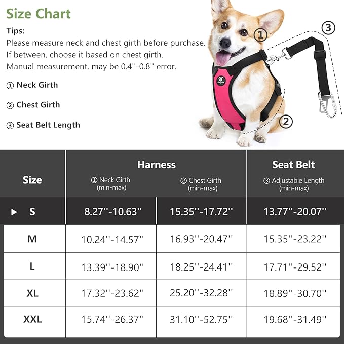 Dog Vehicle Safety Vest Harness, Adjustable Soft Padded Mesh Car Seat Belt Leash Harness with Travel Strap and Carabiner for Most Cars, Small Size, Magenta