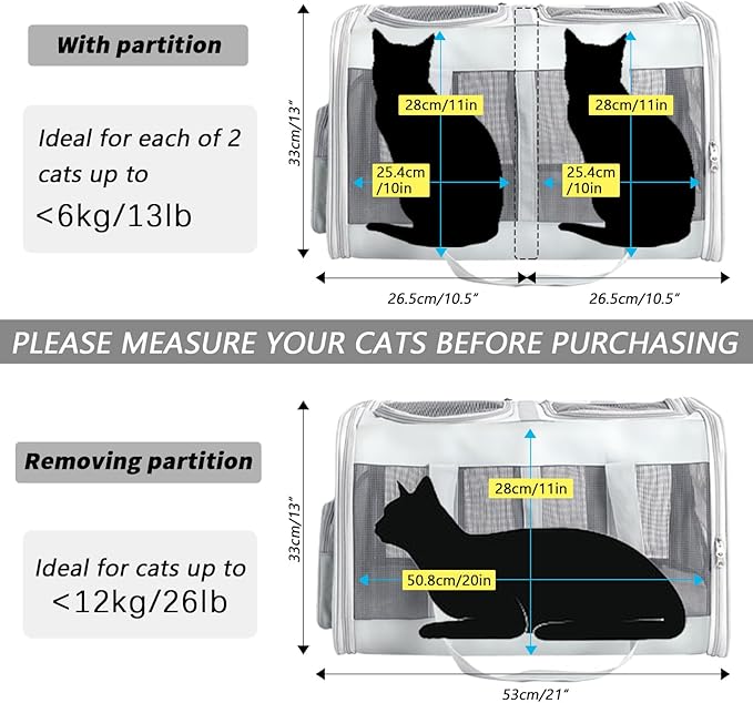 Rolling Cat Carrier for Two Cats with Wheels - Double Compartment Cat Carrier for 2 Large Cats - Pet Carrier on Wheels for 2 Cats - 21" x 17" x 13",Not Airline Approved