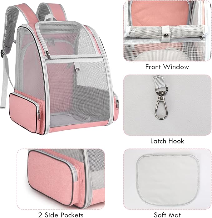 Cat Carrier Expandable Backpack, Airline Approved Pet Carriers for Small Dogs, Large Cat Bag Carrier, Foldable Collapsible Travel Bookbag for Carrying Cats Puppy Kitten Bunny Bird Chicken (Pink)