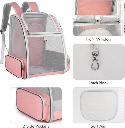 Cat Carrier Expandable Backpack, Airline Approved Pet Carriers for Small Dogs, Large Cat Bag Carrier, Foldable Collapsible Travel Bookbag for Carrying Cats Puppy Kitten Bunny Bird Chicken (Pink)