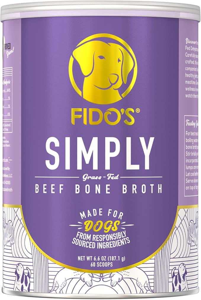 Fido's Simply Bone Broth for Dogs - Grass-Fed Beef Bone Broth Powder for Pets - Supports Joints + Gut Health - Dog Food Topper for Dry Food - 60 Scoops