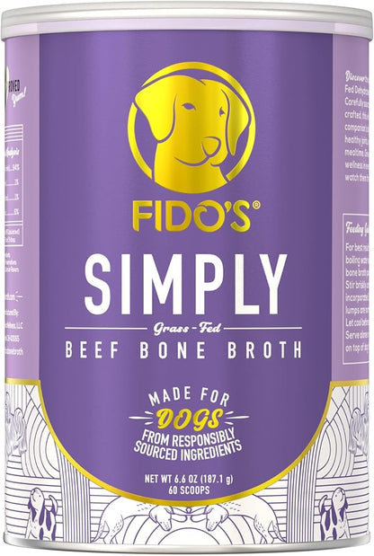 Fido's Simply Bone Broth for Dogs - Grass-Fed Beef Bone Broth Powder for Pets - Supports Joints + Gut Health - Dog Food Topper for Dry Food - 60 Scoops