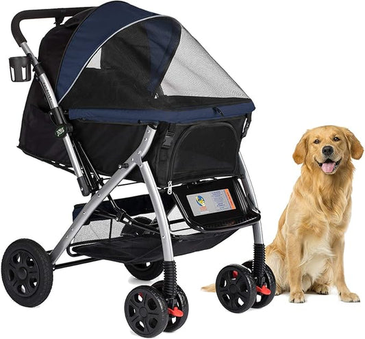 HPZ Pet Rover Premium Heavy Duty Dog/Cat/Pet Stroller Travel Carriage With Convertible Compartment/Zipperless Entry/Reversible Handle/Pump-Free Rubber Tires for Small