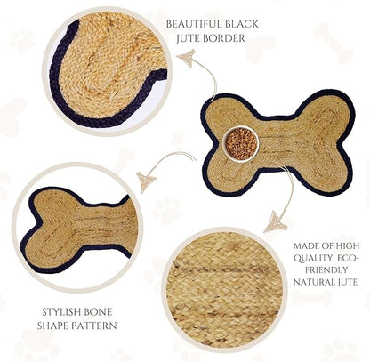 Dog Cat Bowl Mat for Food and Water Handmade Braided Jute Bone Shaped Dog Feeding Mat Cat Food Mat for Floors Black Natural Food Rug 16.5x21 inches Gift for Pet Owner (Bordered Bone, Black)