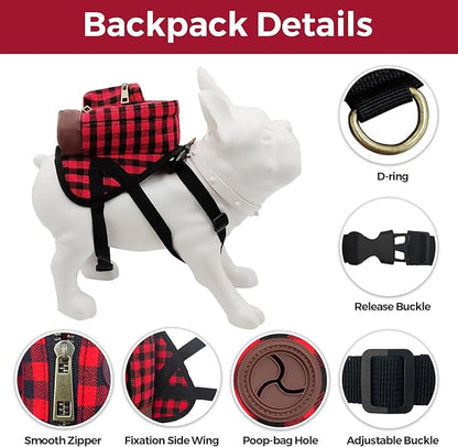 Lapewit Dog Backpack Cute Backpack for Dogs, Built-in Dog Poop Bag Dispenser, Buffalo Plaid & Pu Leather Design Dog Pack for Hiking Training and Daily Walking, Fit Puppy and Small Dogs