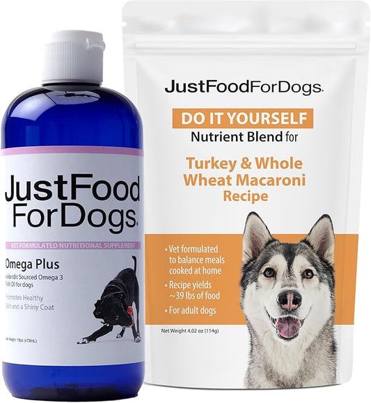 JustFoodForDogs DIY Human Quality Dog Food, Nutrient Blend Base Mix for Dogs-Turkey & Whole Wheat Macaroni Recipe, 4.02oz & Omega Plus Fish Oil for Dogs - Omega 3 Liquid Supplement for Pets - 16 oz