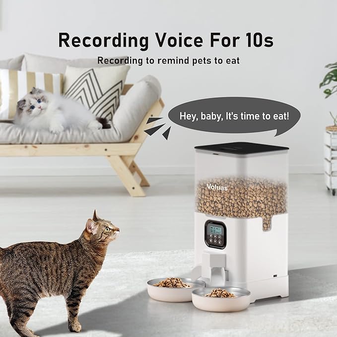 Voluas Automatic Cat Feeders for Two Cats, Double Pet Feeder with 2 Stainless Steel Bowls,6L Timed Cat Feeder with Memory Function, Pet Food Dish