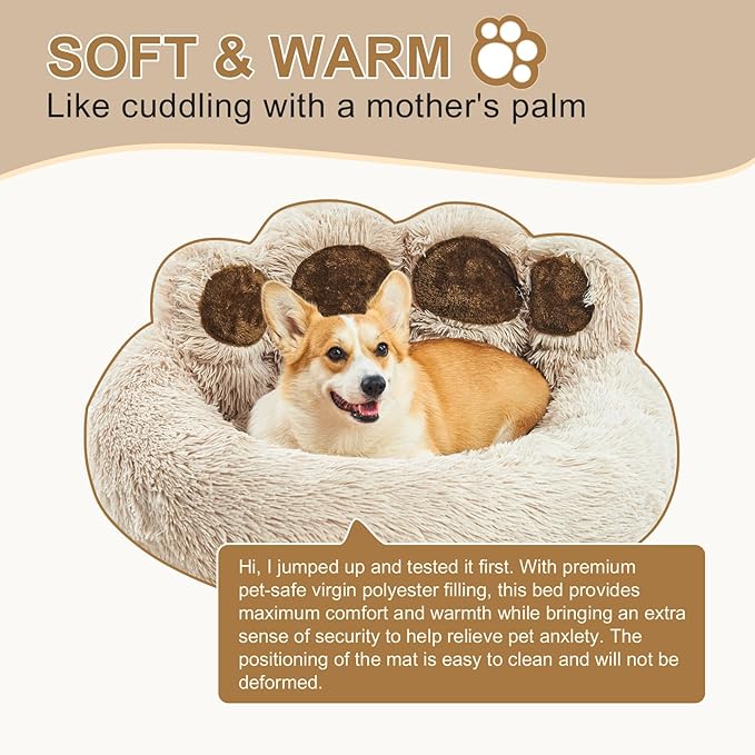 Jiupety Cute Round Calming Dog Bed of Paw Shape (32"×32"×10"), Camel.