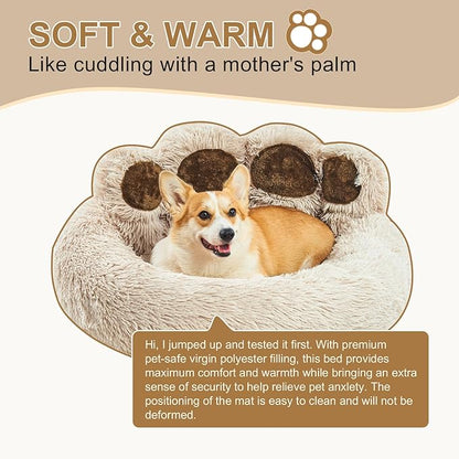 Jiupety Cute Round Calming Dog Bed of Paw Shape (32"×32"×10"), Camel.