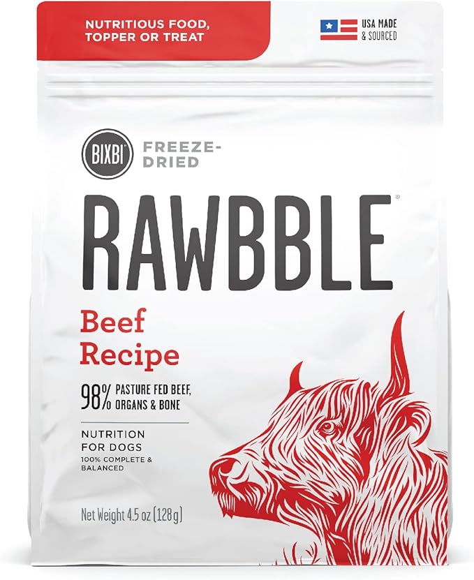 BIXBI Rawbble Freeze Dried Dog Food, Beef Recipe, 4.5 oz - 98% Meat and Organs, No Fillers - Pantry-Friendly Raw Dog Food for Meal, Treat or Food Topper - USA Made in Small Batches