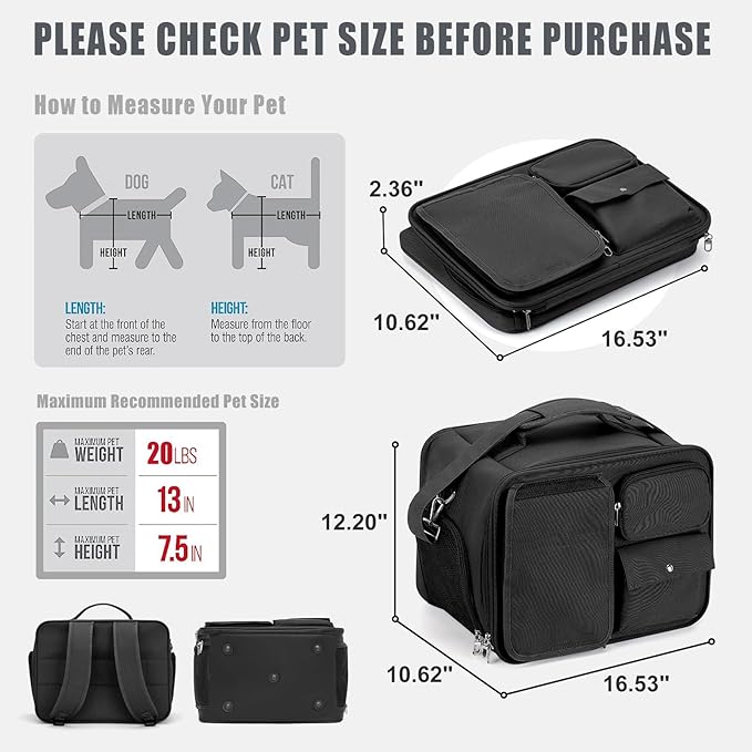 Cat Carrier Soft Large,Dog Carriers for Small Dogs,Cat Travel Carrier is Anti-Lost,Dog Backpack with Locking Safety Zippers,Can Carry 20 LBs Cat,Pet Carrier Airline Approved(Black)