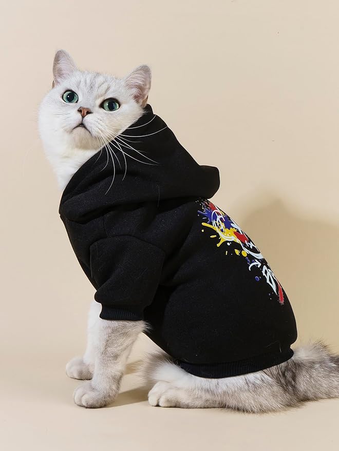 QWINEE Cartoon Bear Print Cat Hoodie Breathable Stretchy