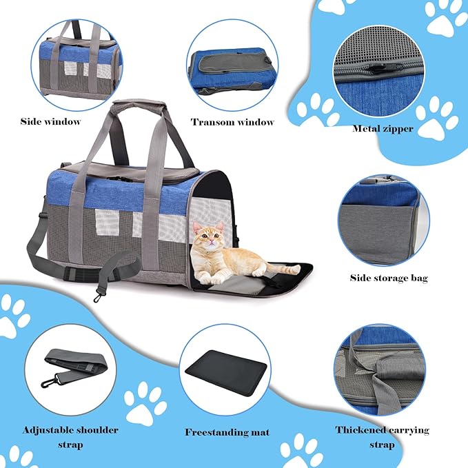 Cat Carrier Soft Puppy Carrier for Small Dogs Airline Approved Collapsible Soft-Sided Kitten Travel Carrier Foldable Cats Carrier for Small Medium Cat Dog Puppies Under to 15 Lb(Greyblue)