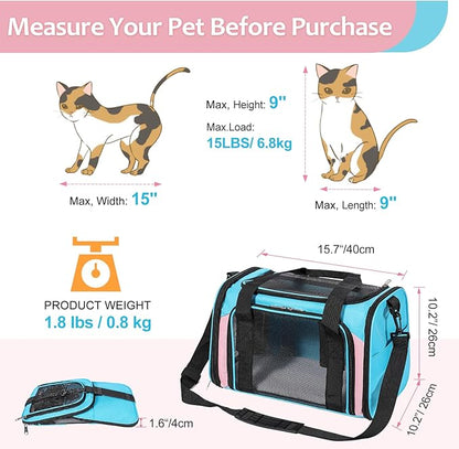 Cat Dog Carrier Up to 15 Lbs TSA Airline Approved Pet Carrier for Small Medium Cats Puppies Dog Carriers for Small Dogs Collapsible Soft Sided Cat Travel Carrier - Blue&Pink 15.7"x10.2"x10.2"