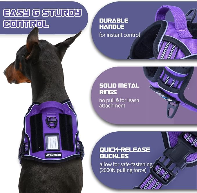 BUMBIN Tactical Dog Harness for Small Dogs No Pull, Famous TIK Tok No Pull Puppy Harness, Fit Smart Reflective Pet Walking Harness for Training, Adjustable Dog Vest Harness with Handle Purple S