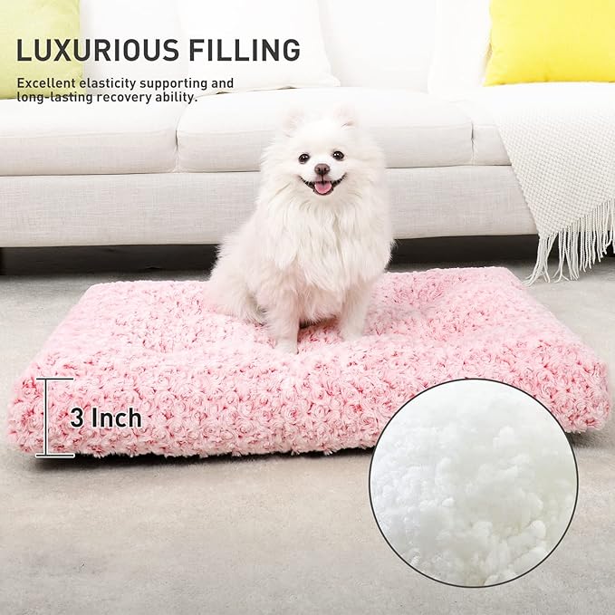KSIIA Washable Dog Bed Deluxe Plush Dog Crate Beds Fulffy Comfy Kennel Pad Anti-Slip Pet Sleeping Mat for Large 29" x 21", Pink