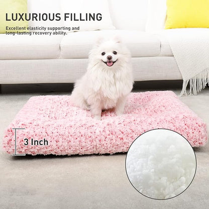 KSIIA Washable Dog Bed Deluxe Plush Dog Crate Beds Fulffy Comfy Kennel Pad Anti-Slip Pet Sleeping Mat for Large 29" x 21", Pink
