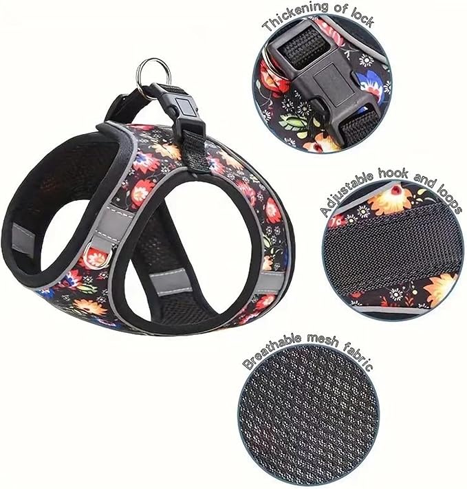 Step in Dog Harness No Pull Flower Adjustable Soft Mesh Padded Reflective Velcro Pet Vest Harness and Leash Set for Small Medium Dogs