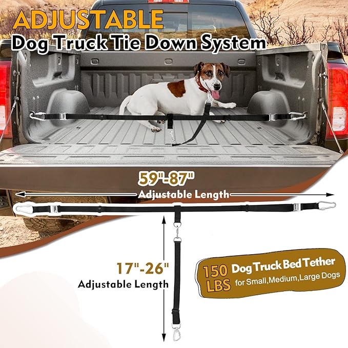 Truck Bed Dog Leash System, Dog Pickup Tether Tie Down, Dog Car Harness Belt Heavy Duty, Pick-Up Restraint Lead Adjustable, Dog Truck Leash for Dogs Up to 150lbs, Dog Truck Bed Barrier Tie Down Out