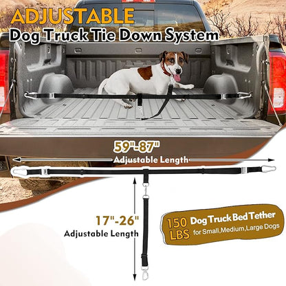 Truck Bed Dog Leash System, Dog Pickup Tether Tie Down, Dog Car Harness Belt Heavy Duty, Pick-Up Restraint Lead Adjustable, Dog Truck Leash for Dogs Up to 150lbs, Dog Truck Bed Barrier Tie Down Out