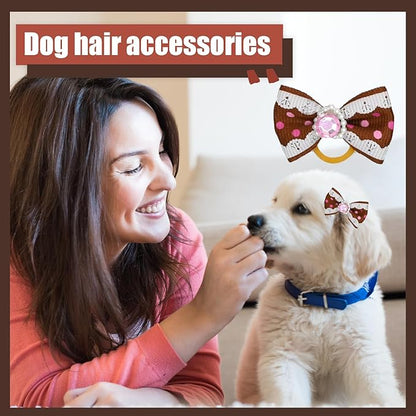 12 Pcs Small Dog Hair Bows with Rubber Bands Bowknot Dog Hair Accessories for Puppy Kitten (Brown)