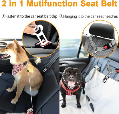 Chew Proof Dog Car Seat Belt, 2 in 1 Steel Cable Dog Car Accessories Headrest Restraint Dog Car Seatbelt for Medium Large Dogs Chewer Heavy Duty Dog Seatbelts for Cars Swivel Attach