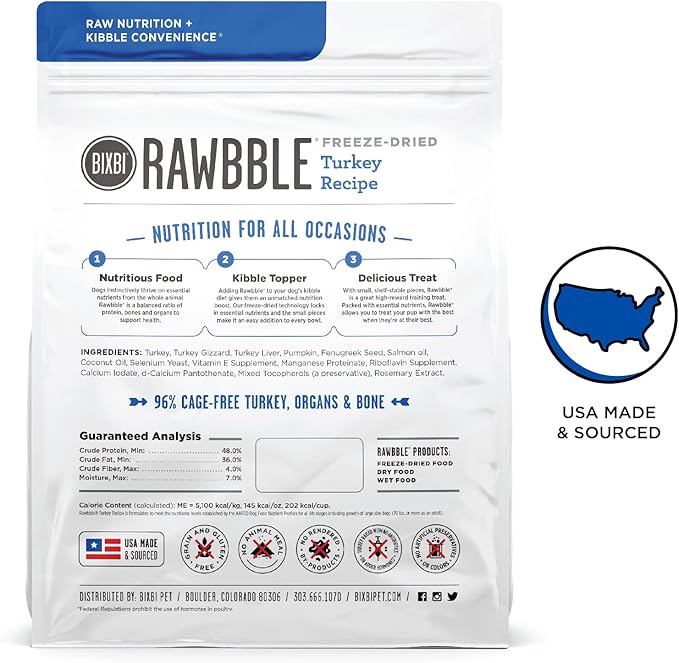 BIXBI Rawbble Freeze Dried Dog Food, Turkey Recipe, 26 oz - 96% Meat and Organs, No Fillers - Pantry-Friendly Raw Dog Food for Meal, Treat or Food Topper - USA Made in Small Batches