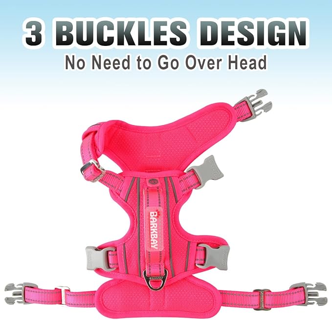 BARKBAY No Pull Dog Harness 3 Buckles Large Step in Reflective Dog Harness with Front Clip and Easy Control Handle for Walking Training Running with ID tag Pocket(Pink