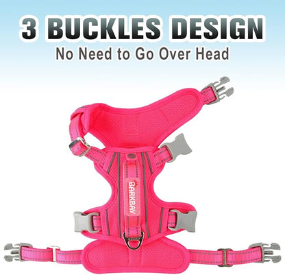 BARKBAY No Pull Dog Harness 3 Buckles Large Step in Reflective Dog Harness with Front Clip and Easy Control Handle for Walking Training Running with ID tag Pocket(Pink