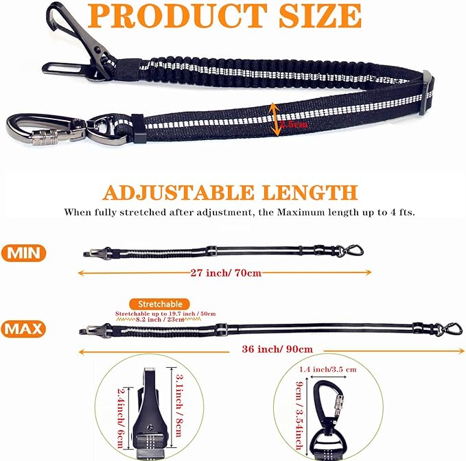 Dog Seat Belt,Adjustable Dog Seatbelt for Car,3 in 1 Dog Safety Belt Leash,Reflective Bungee Dog Car Seatbelt with Hook& Buckle, Dog Car Seat Belt with Aviation Zinc Alloy Rotatable Carabiner