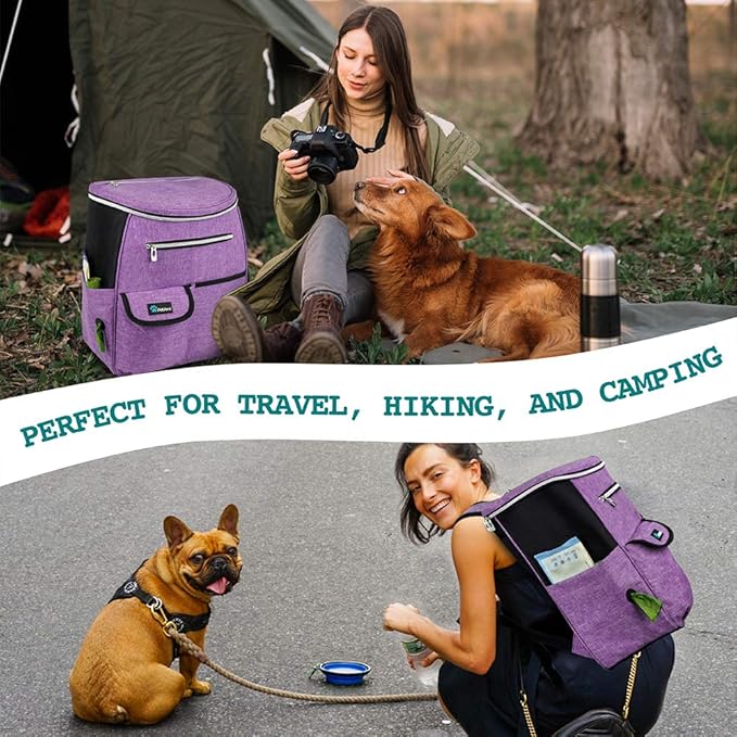 PetAmi Dog Travel Bag Backpack, Airline Approved Dog Bags for Traveling, Puppy Diaper Bag Supplies, Pet Camping Essentials Hiking Accessories Dog Mom Gift, Food Container, Collapsible Bowls, Purple