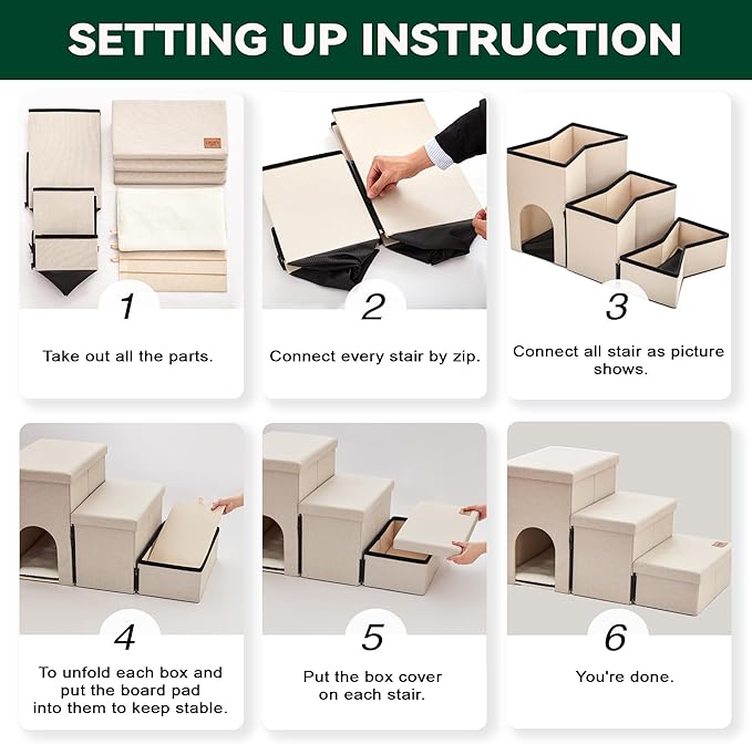 Love's cabin Dog Stairs for Small Medium or Large Dogs with Storage and Condo Couch,3-Step Gray 200 lbs,Beige