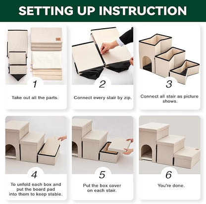 Love's cabin Dog Stairs for Small Medium or Large Dogs with Storage and Condo Couch,3-Step Gray 200 lbs,Beige