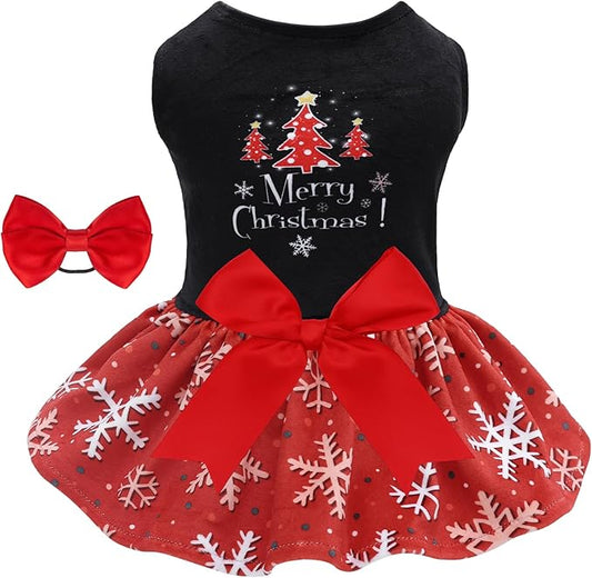 CuteBone Christmas Dog Dresses Velvet Holiday Small Dogs Clothes Onesie Pet Apparel Girl Puppy Skirt with Bow Hair Rope CVA54M-D