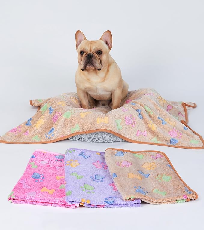 1 Pack 3 Blankets Super Soft Fluffy Cute Bone Pattern Pet Blanket Flannel Throw for Dog Puppy Cat Pink/Brown/Purple Large