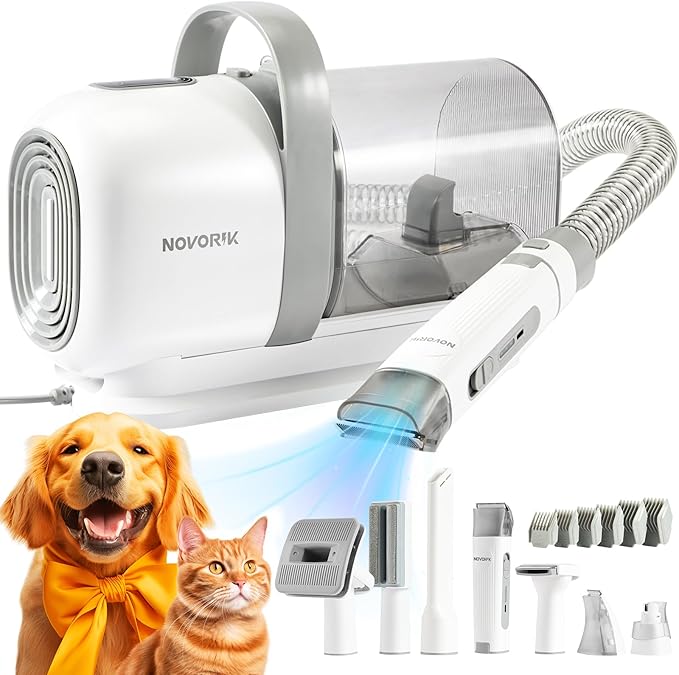 Dog Hair Vacuum with Clipper, Professional Pet Grooming Kit with 2L Dust Cap, Low Noise Animal Vacuum Kit with Grinder, Brush, Trimmer, Deshedding Tools