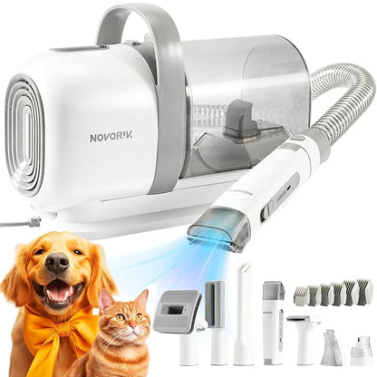 Dog Hair Vacuum with Clipper, Professional Pet Grooming Kit with 2L Dust Cap, Low Noise Animal Vacuum Kit with Grinder, Brush, Trimmer, Deshedding Tools