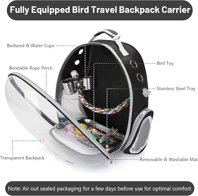 Bird Travel Backpack Carrier, Bird Cage for Small Medium Size Bird Parakeet Budgies Cockatiel, Space Capsule Clear Bubble Window with Stainless Steel Tray Food Bolw Standing Perch (Black)