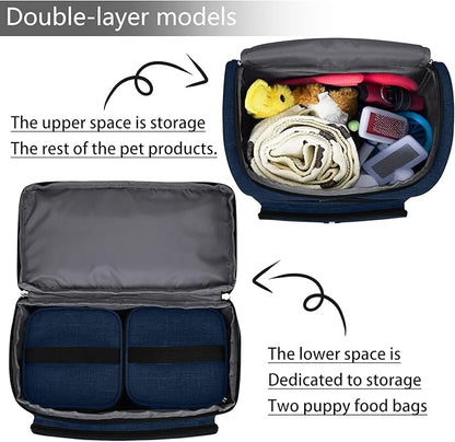 BAGLHER Pet Travel Bag, Double-Layer Pet Supplies Backpack (for All Pet Travel Supplies), Pet Travel Backpack with 2 Silicone Collapsible Bowls and 2 Food Baskets Dark Blue