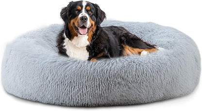 46'' inch Calming Dog Bed, Plush Anti-Anxiety Donut Dog Bed for Large Dogs, Warming Cozy Soft Cute Round Washable, Marshmallow Cuddler Nest Pet Bed, Grey