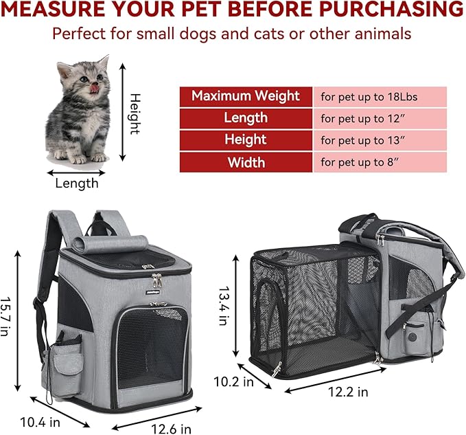 Cat Backpacks for Carrying Cats Pet Backpack Carrier for Small Dogs and Cats, Fully Ventilated Mesh Dog Backpack, Portable Cat Carrier for Travel, Hiking, Walking (Gray - Expandable)