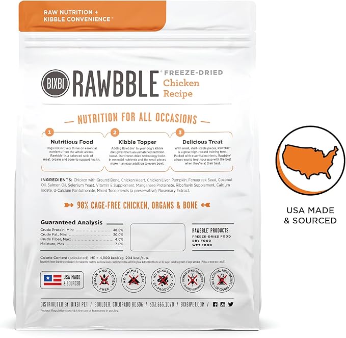 BIXBI Rawbble Freeze Dried Dog Food, Chicken Recipe, 26 oz - 98% Meat and Organs, No Fillers - Pantry-Friendly Raw Dog Food for Meal, Treat or Food Topper - USA Made in Small Batches